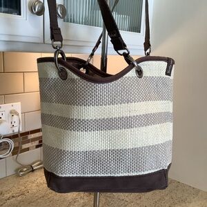 Thirty One Canvas Straw Brown and Cream Tote Bag